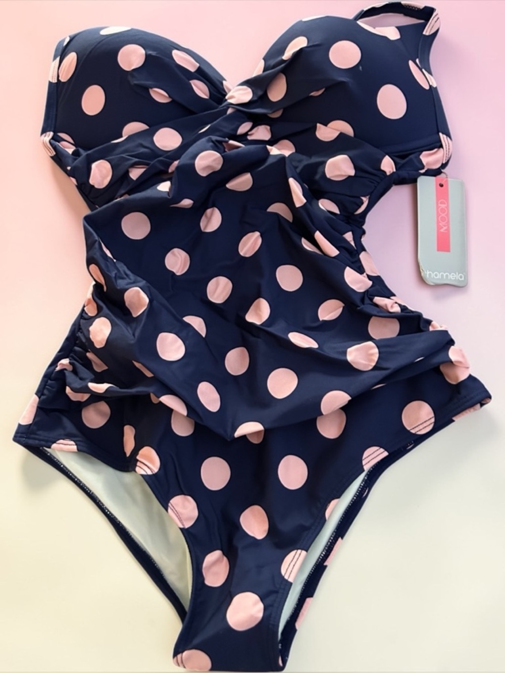 Chamela Polka Dot Plunge One Piece Cheeky Swimsuit NWT - Picture 2 of 8